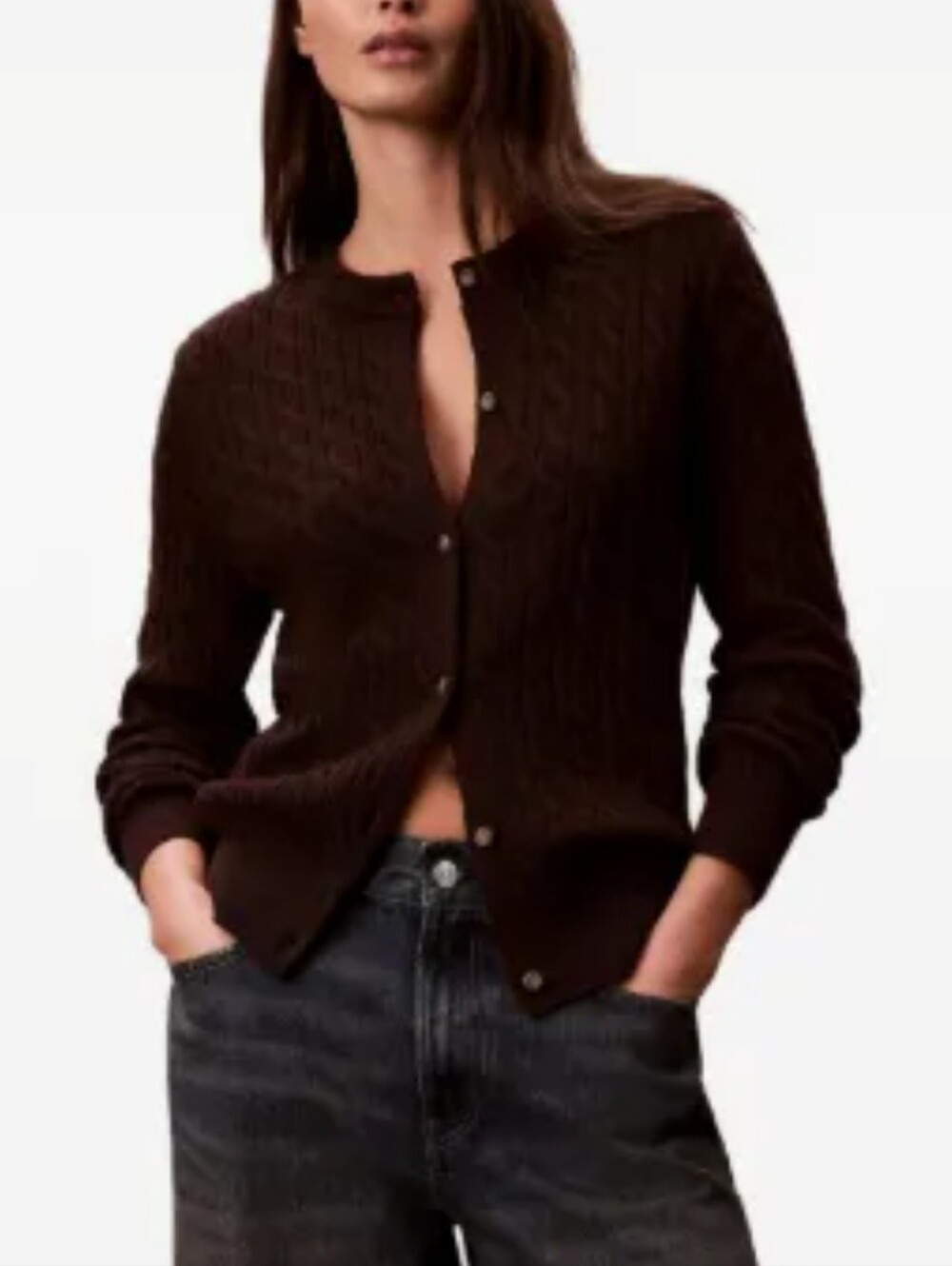 Calvin Klein Dark Brown Cable Knit Button-Up Cardigan
